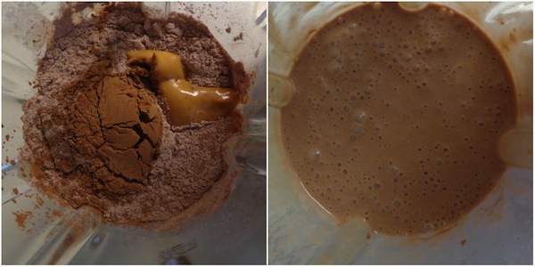 two pics - milk, cocoa, peanut butter and chocolate protein powder in mixer and chocolate peanut butter banana shake mixed in mixer