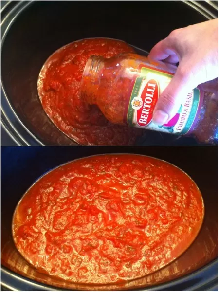 pouring pasta sauce into a crockpot