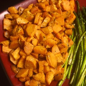 plate of roasted sweet potatoes and asparagus