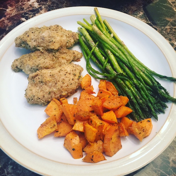 plate of asparagus, chicken and sweet potatoes