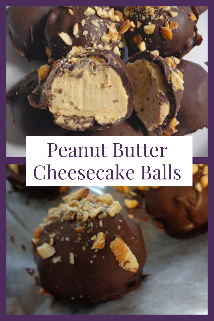 row of peanut butter cheesecake balls topped with peanuts