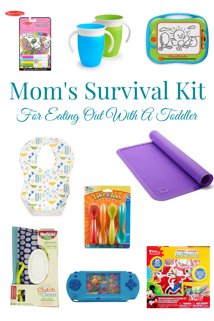 magic color, magna doodle, miracle cups, disposable bibs, reusable placemat, toddler flatware to put in mom's survival kit for eating out with a toddler