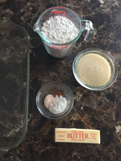 flour, sugar, butter beside pan