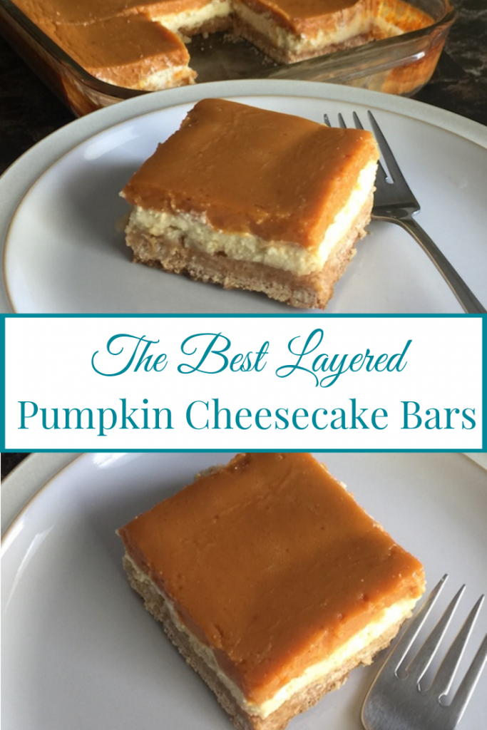 pumpkin cheesecake bar on plate beside pan