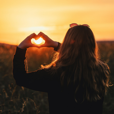woman looking at the sunset with her hands shaped in a heart in front of the sun