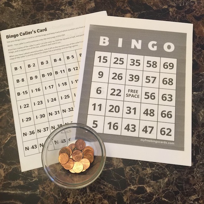 bingo cads and bowl of pennies