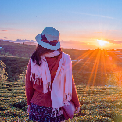 woman in a field looking at sunset