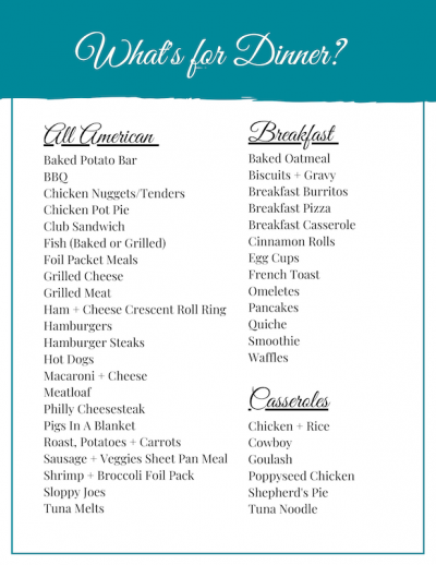 Dinner Ideas Printable - Tshanina Peterson