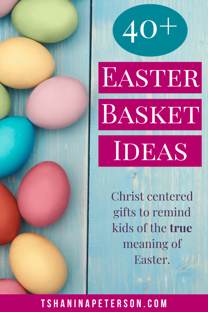 pastel easter eggs on a light blue stained wood - your kids will leave these christian themed easter basket ideas