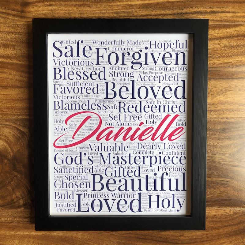 framed wall art with name in middle and words of affirmation filling the rest of the page