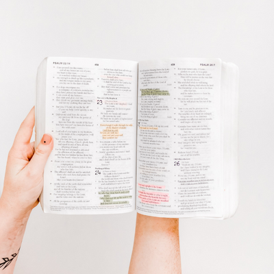 hand holding open bible