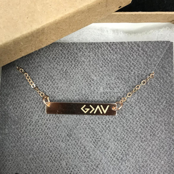gold bar necklace etched with G>V