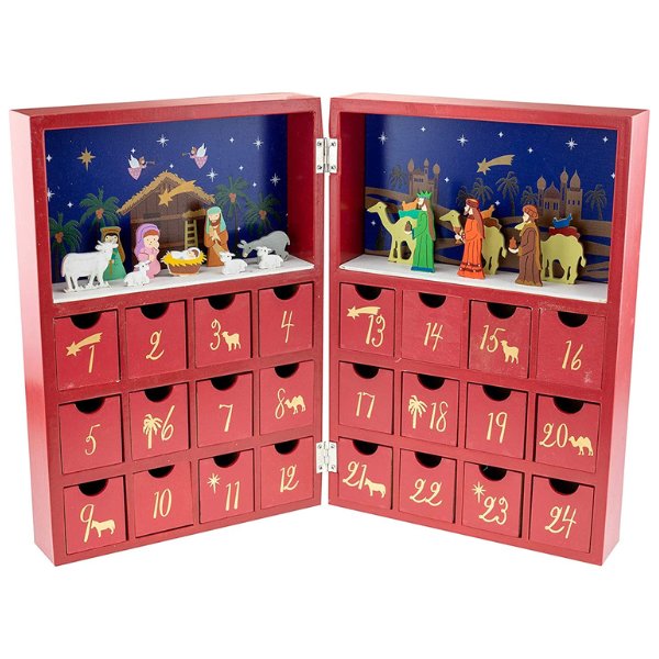 foldable advent calendar with inset 3d nativity characters atop red numbered drawers