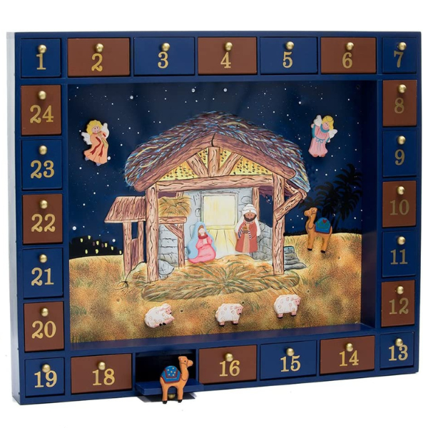 navy blue and brown numbered drawers surrounding a nativity scene