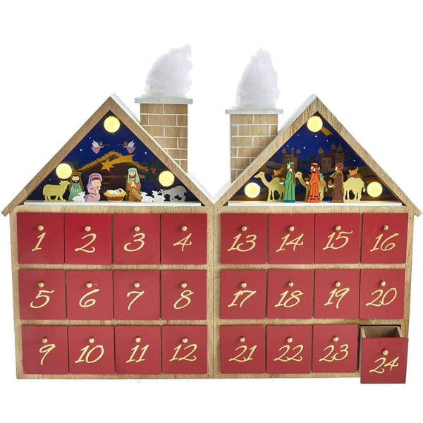 foldable maple wood colored advent calendar with inset 3d nativity characters atop red numbered drawers