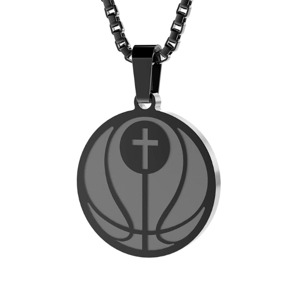 necklace with pendant with basketball and cross