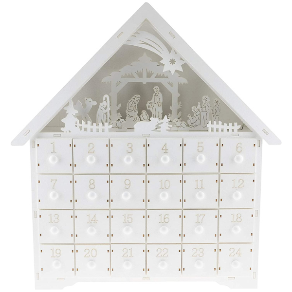 white advent calendar with inset 3d nativity characters atop numbered drawers