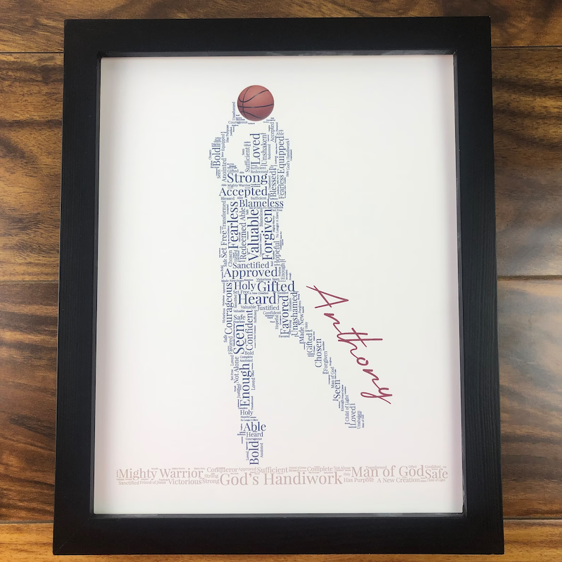 words of affirmation in the shape of a basketball player