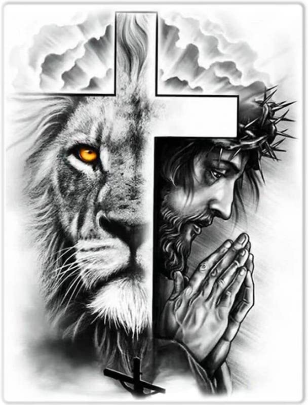 cross with half of a lion's face on one side and Jesus praying on the other side - this cross stitch kit is very meaningful easter craft for adults 