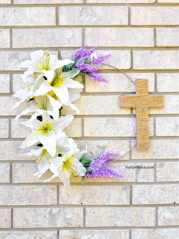 simple wreath with Lillies and a twine cross - a beautiful and meaningful easter craft for adults to enjoy making