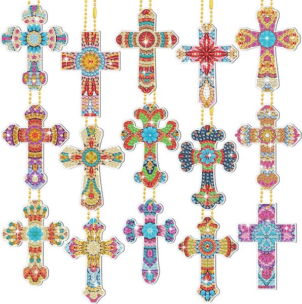 Diamond art keychains in the shape of crosses