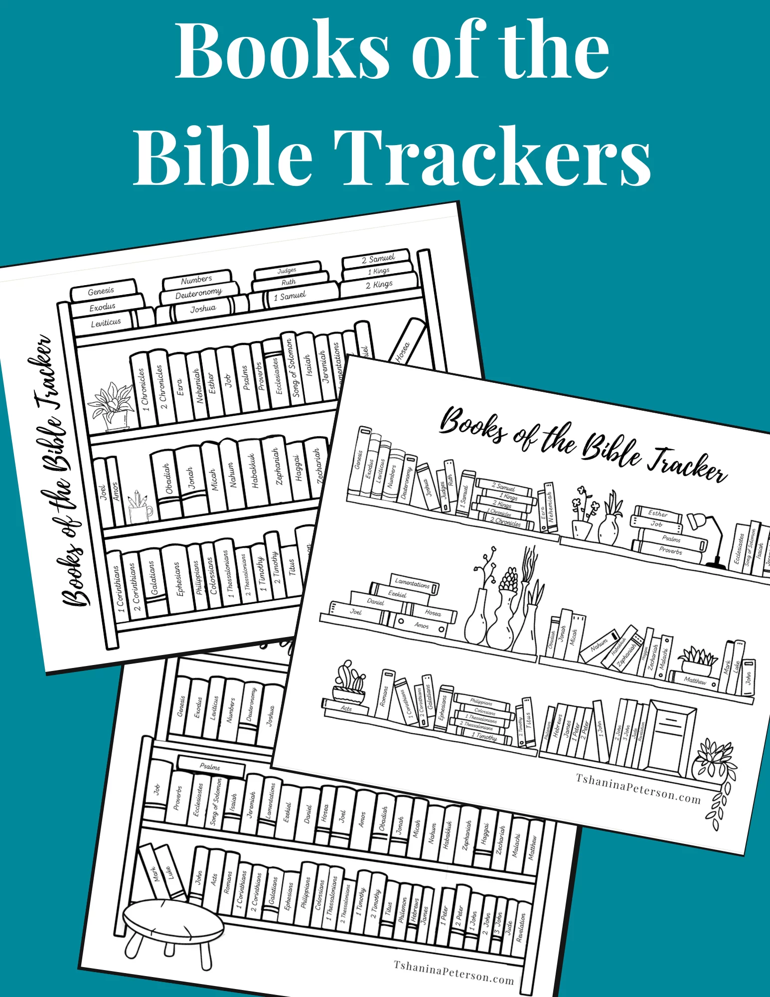 books of the Bible trackers - three different trackers with books of the Bible on bookshelves that allow you to color in the books once you've completed reading the book