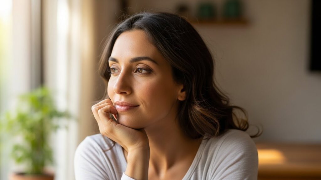 A thoughtful woman resting her chin on her hand, quietly reflecting and wondering if God really cares.