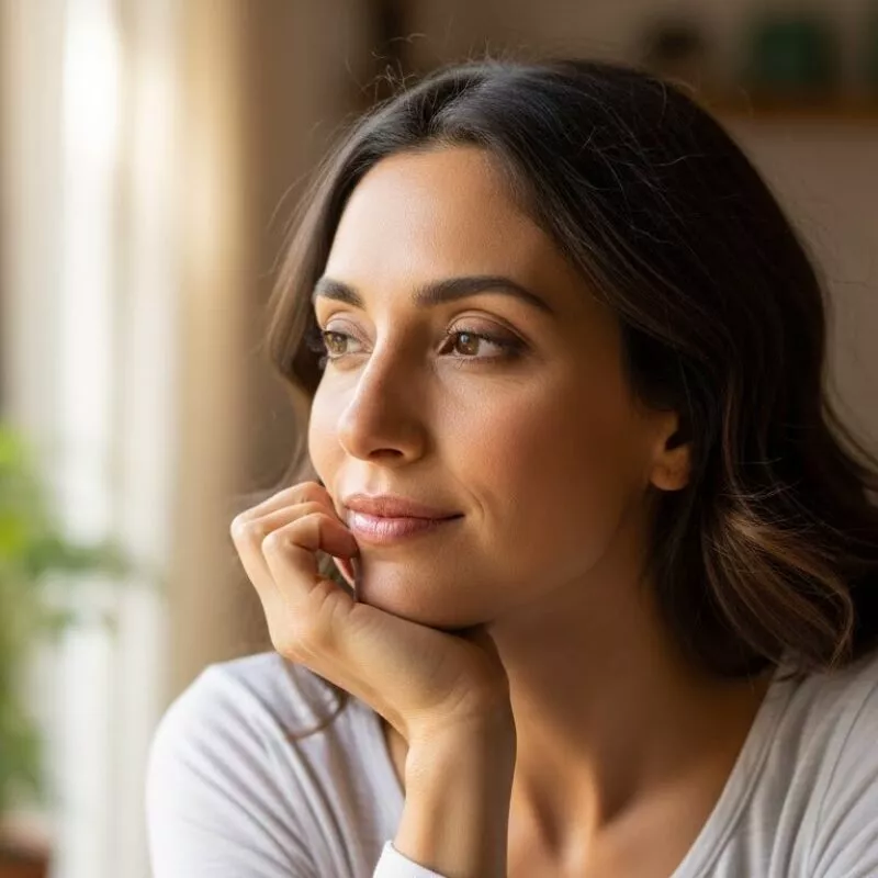 A thoughtful woman resting her chin on her hand, quietly reflecting and wondering if God really cares.
