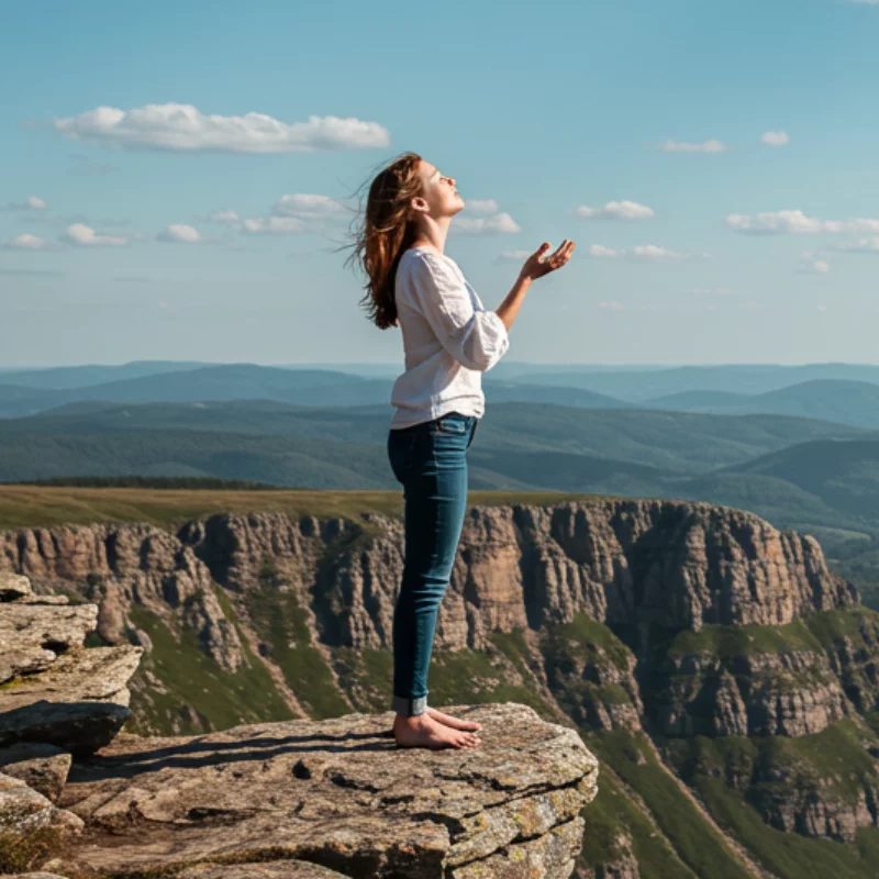 Woman standing on the edge of a cliff with open hands learning how to trust God during uncertain times and surrendering her worries to Him.