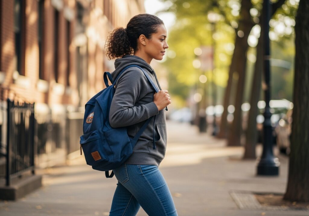 A woman walking down a sidewalk wearing a backpack, appearing thoughtful and reflective.