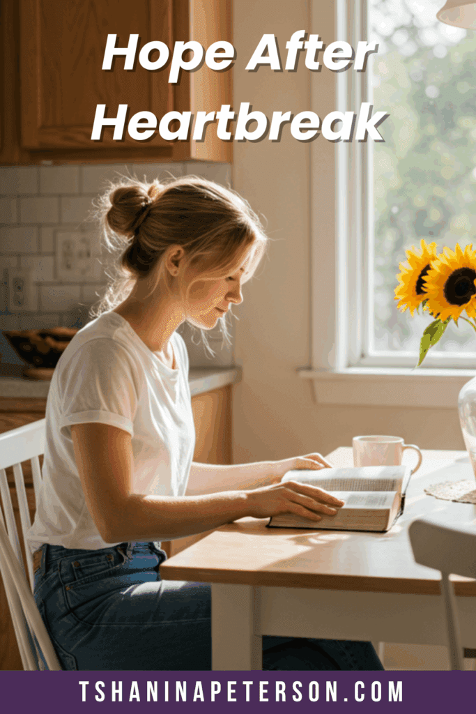 Woman reading her Bible at a table finding comfort in verses about healing a broken heart