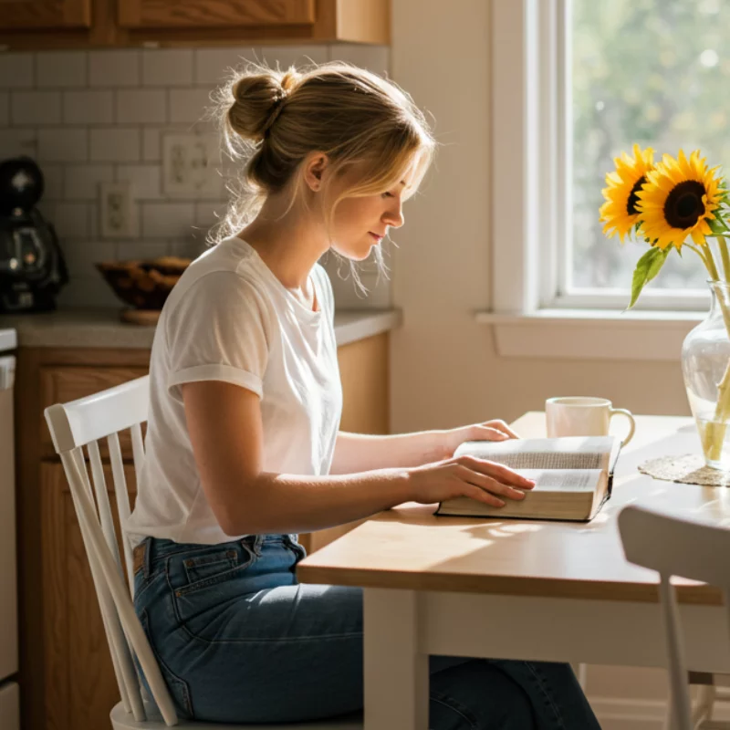 Woman reading her Bible at a table finding comfort in verses about healing a broken heart