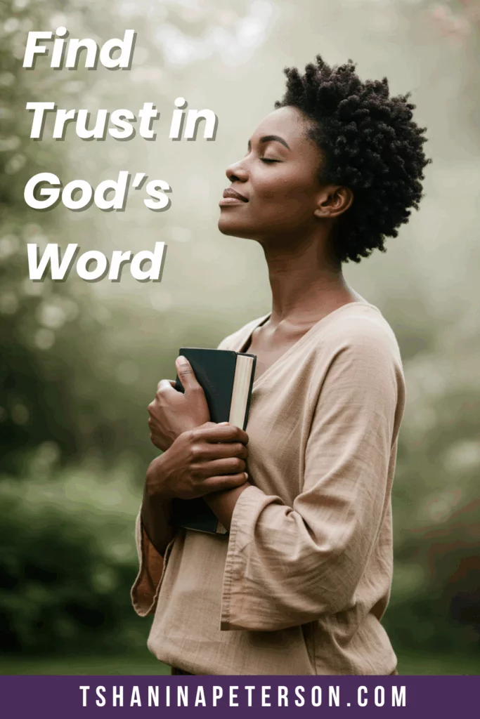 Christian woman holding the Bible close to her heart with peaceful expression, representing deep trust in God and the promises of Scripture.