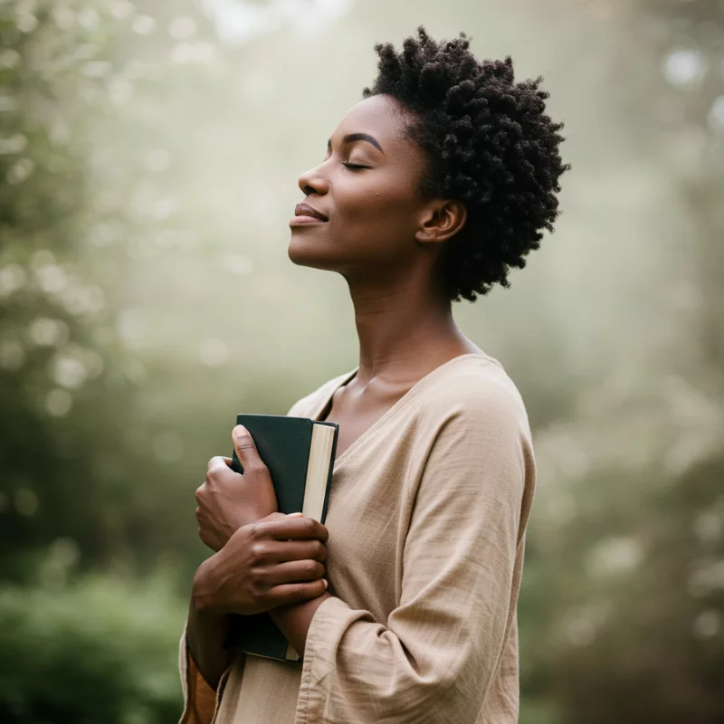 Christian woman holding the Bible close to her heart with peaceful expression, representing deep trust in God and the promises of Scripture.