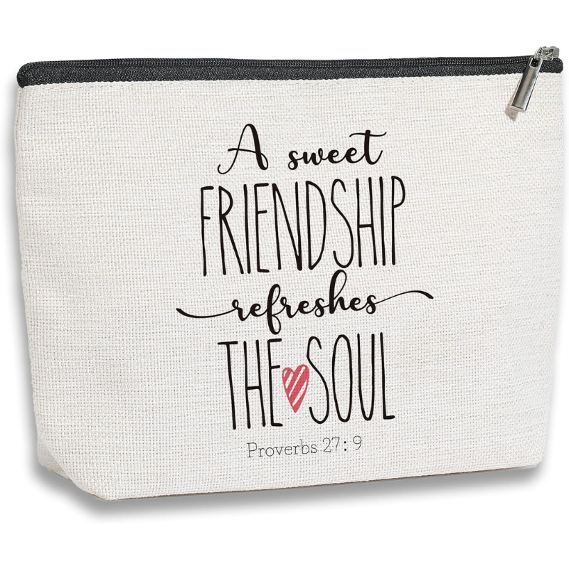 white zipper bag with the words a sweet friendship refreshes the soul proverbs 27:9