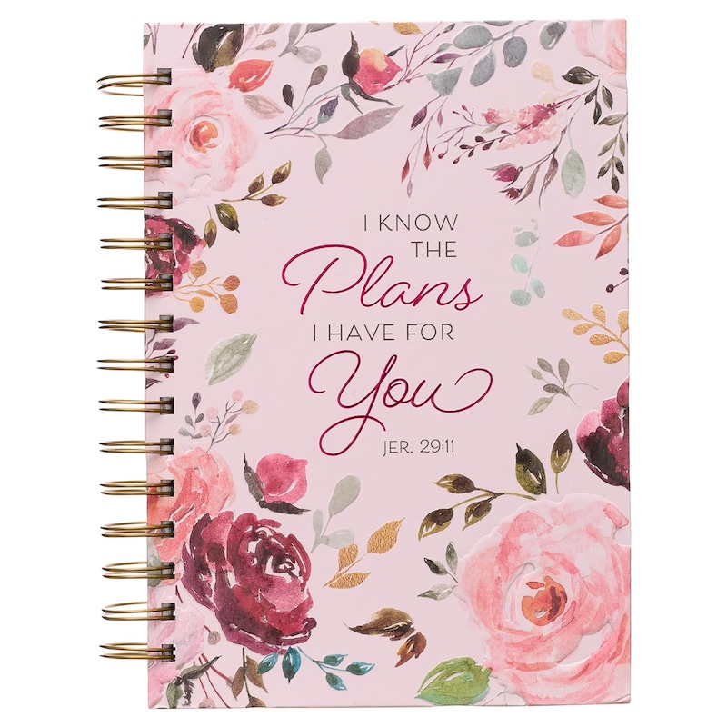 pink floral journal with the words I know the plans I have for you Jeremiah 29:11