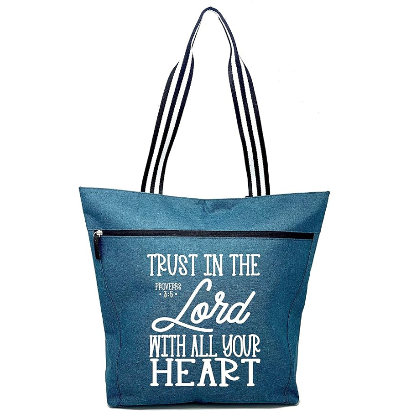 turquoise tote bag with the words trust in the Lord with all your heart Proverbs 3:5