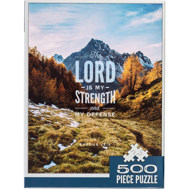 jigsaw puzzle with the view looking at a large mountain and the verse the lord is my strength and defense exodus 15:2