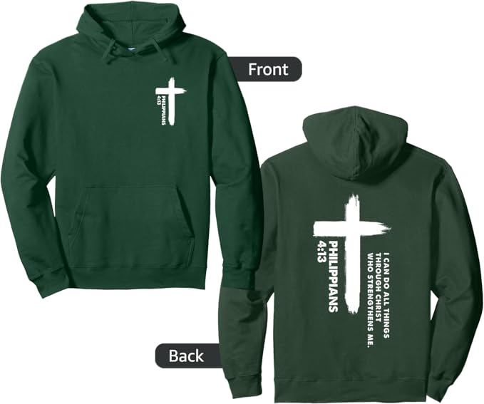 Philippians 4:13 cross hoodie with front cross and back verse design – Christian clothing for teen boys