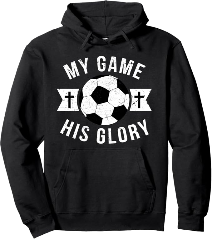My Game His Glory Christian soccer hoodie available in multiple colors – faith and sport apparel for teen boys