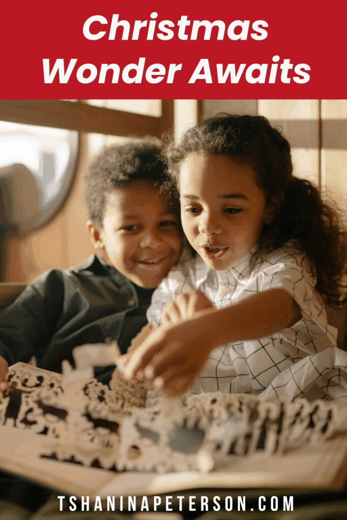 Two children reading a Christmas book together, symbolizing the joy and wonder of Christian Christmas books for kids.