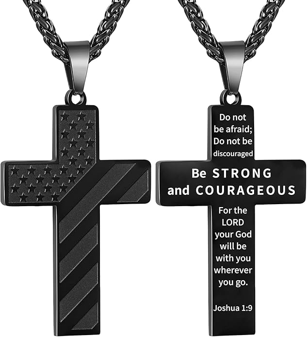 Stainless steel cross necklace engraved with Joshua 1:9 – Be strong and courageous Christian gift for teen boys