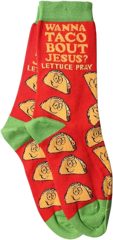 Funny Christian socks for teen guys with Wanna Taco ’Bout Jesus design