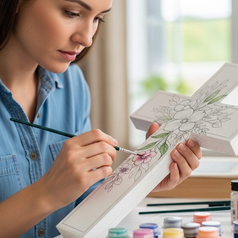 Woman painting a floral wooden cross, an Easter craft idea for adults and a Christian spring DIY project.