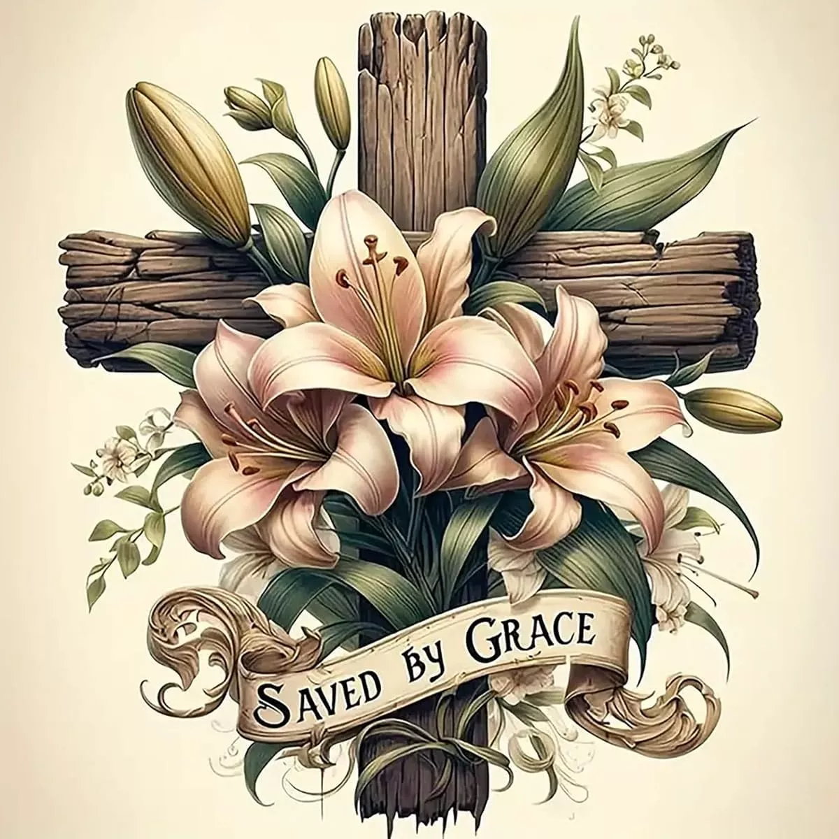 canvas of a wooden cross with flowers on and around it