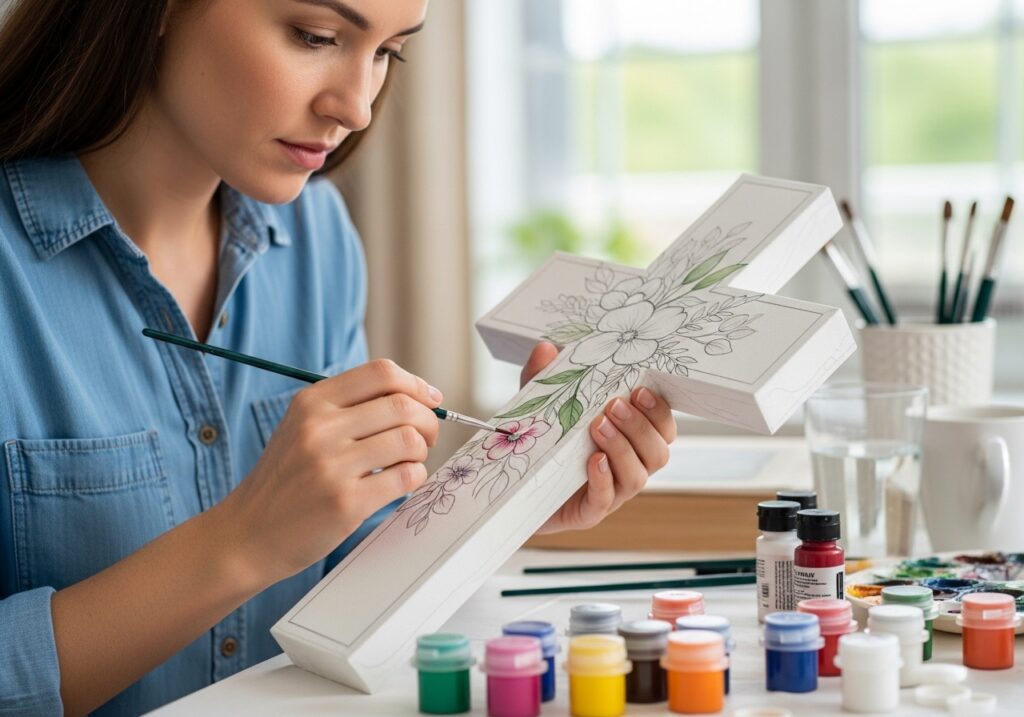 Woman painting a floral wooden cross, an Easter craft idea for adults and a Christian spring DIY project.