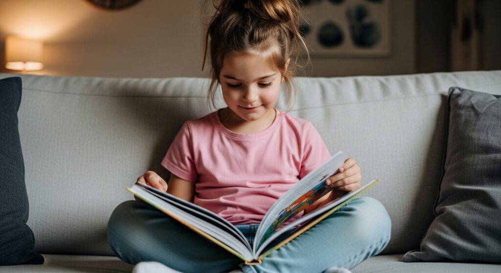Young girl reading a Christian Easter book on a couch at home
