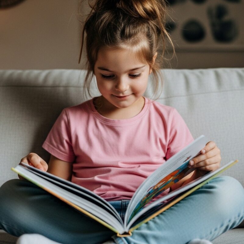 Young girl reading a Christian Easter book on a couch at home