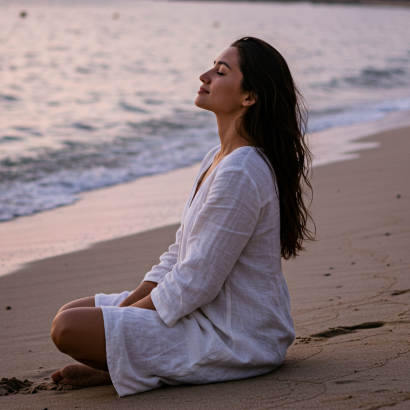 Woman sitting on a beach finding peace in God’s grace – Letting go of perfectionism and embracing rest in Christ.