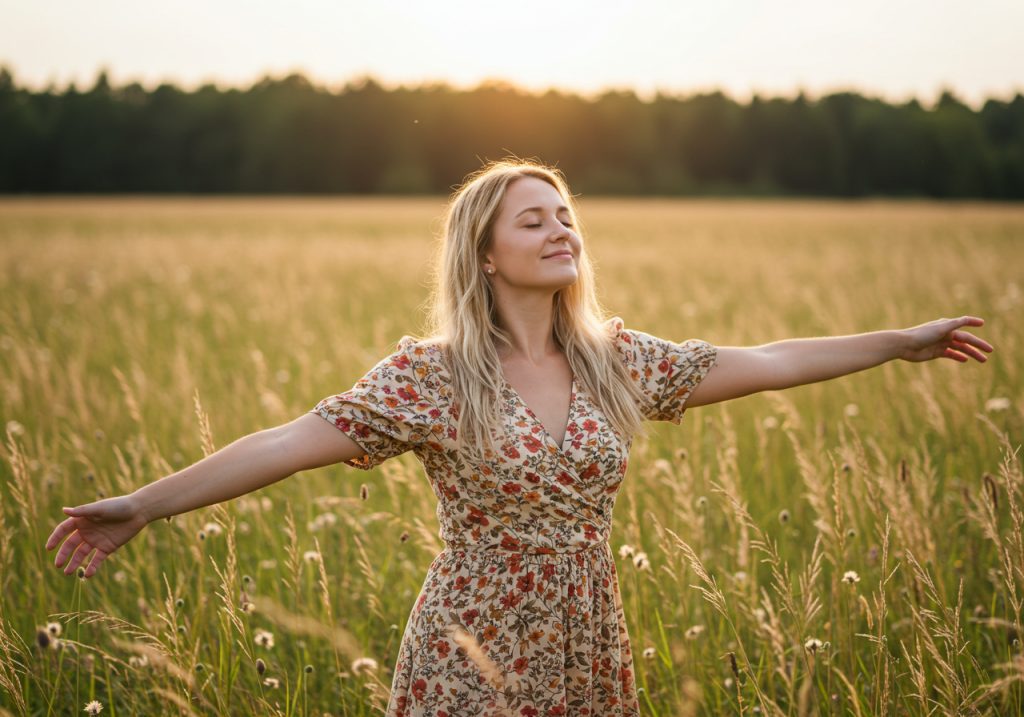 Christian woman standing in a wheat field finding peace and freedom by letting go of perfectionism and trusting God’s unconditional love.